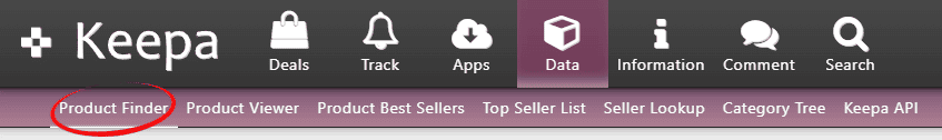 image showing where to find keepa product finder, with data selected on the top tab and then product finder selected on the secondary tab, left most tab