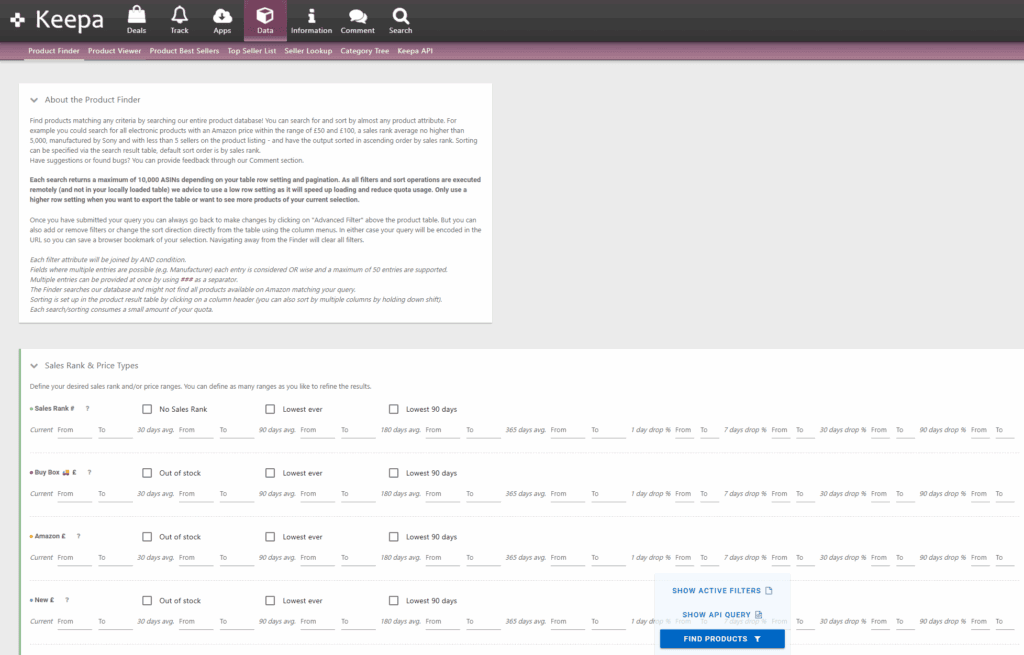 image of the intimidating amount of filters initially presented on the keepa product finder filter dashboard