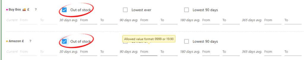 image of buy box and amazon filters with out of stock selected on both