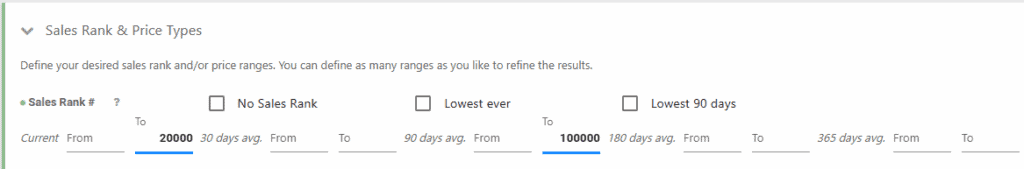 image of sales rand & price type filter with to 20000 selected on current and to 100000 selected on 90 day average