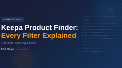 Keepa Product Finder feature image showing the title 'Every Filter Explained' with a list of filter categories including Sales Rank, Buy Box, Amazon, Offer Counts, OOS %, Reviews, Dimensions and Rating.
