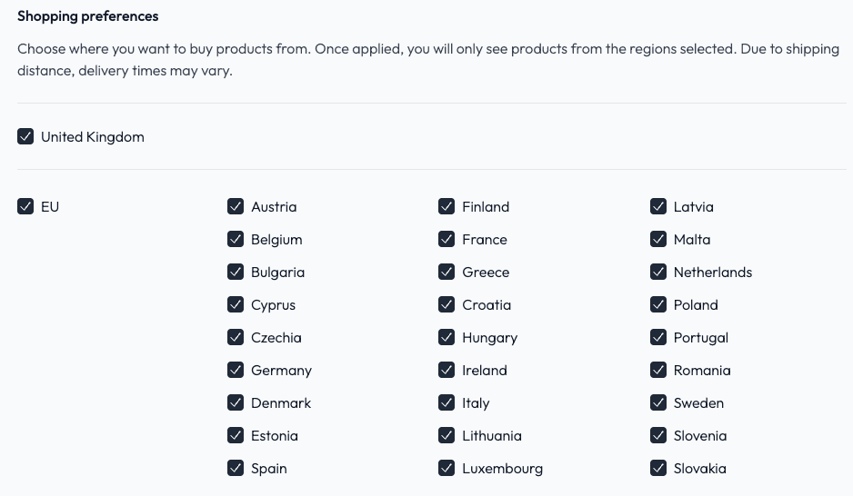 Qogita UK settings showing how to filter suppliers by country