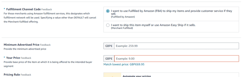 Selecting the fulfilment channel code and inputting price