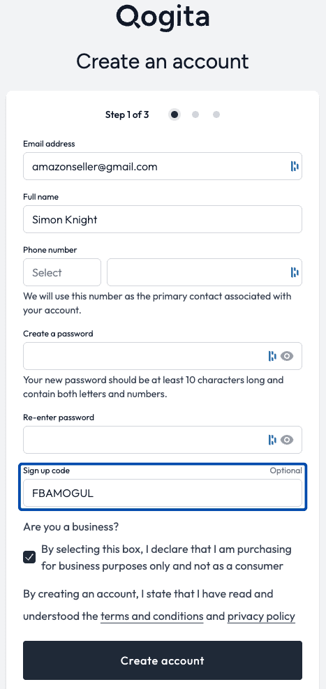 Qogita signup page with FBAMOGUL discount code