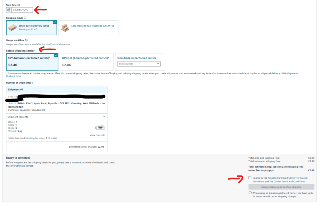 Selecting date and shipping carrier UPS