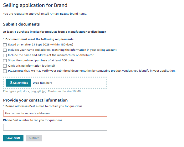 Amazon ungating application screen in Seller Central