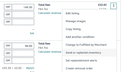 Send or replenish inventory option in Seller Central
