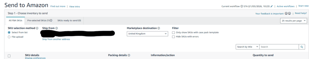 Selecting FBA SKUs and entering quantities in the shipment workflow