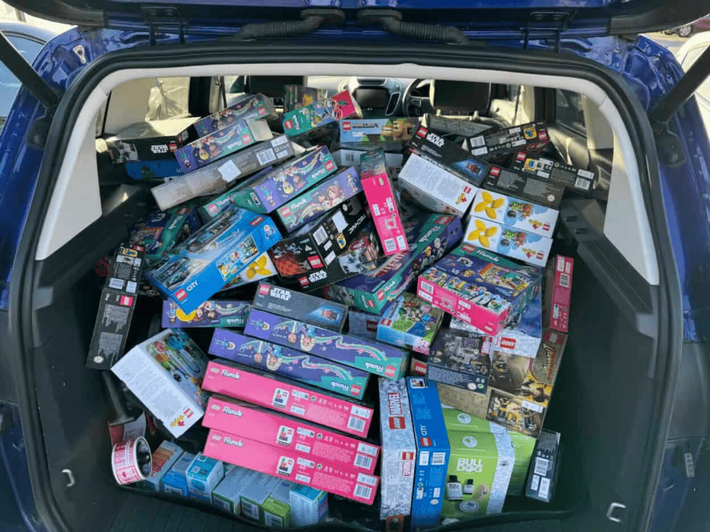 Stock prepped for Amazon FBA after a retail arbitrage sourcing trip