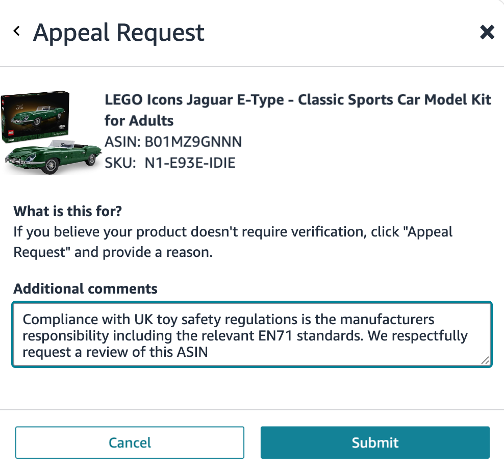 Amazon Appeal Request form for a flagged Lego ASIN with the two-sentence toy safety compliance reply entered in the Additional comments box