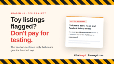 Amazon toy safety warning illustration: toy listings flagged, don't pay for testing, with a mock Action Required notice for Children's Toys: Food and Product Safety Issues