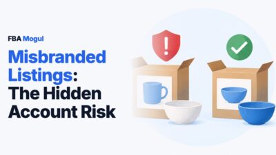 Misbranded Listings: The Hidden Account Risk: a product box with a label that doesn't match it, flagged by a red warning shield, beside a correct box with a green tick