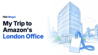 My Trip to Amazon's London Office: line drawing of a London office tower with the Shard and Tower Bridge behind it, and a visitor lanyard pass