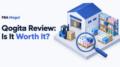 Qogita Review: Is It Worth It?: illustration of a small wholesale warehouse with pallets of beauty and household products under a magnifying glass