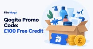 Qogita Promo Code: £100 Free Credit: illustration of an open box of beauty and household products with a gift card, a voucher and a gold £ coin