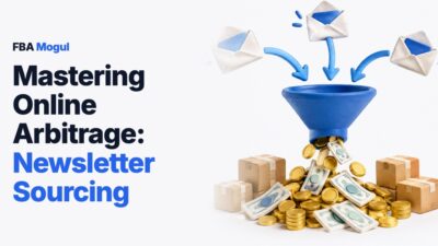 Mastering Online Arbitrage: Newsletter Sourcing: newsletter envelopes pouring through a funnel into a pile of coins, notes and product boxes