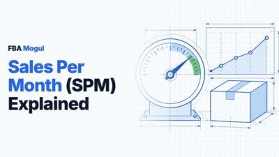 Sales Per Month (SPM) Explained: blueprint drawing of a gauge measuring sales speed beside a product box and a rising line chart
