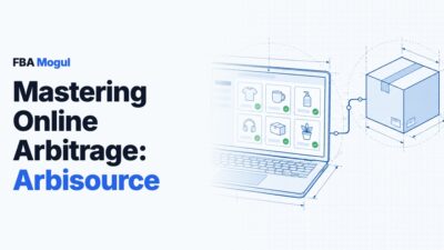 Mastering Online Arbitrage: Arbisource: blueprint drawing of a laptop showing a deal dashboard, linked to a product box