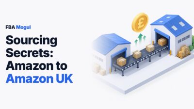 Sourcing Secrets: Amazon to Amazon UK: isometric conveyor belt carrying parcels between two warehouses, with a pound coin rising above it