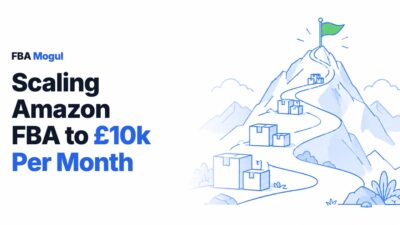 Scaling Amazon FBA to £10k Per Month: line drawing of a mountain path climbing past stacks of parcels to a flag on the summit