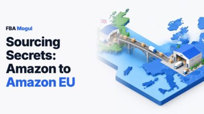 Sourcing Secrets: Amazon to Amazon EU: isometric map with parcels crossing a bridge from a warehouse in Europe to a warehouse in the UK
