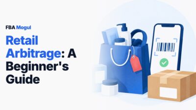 Retail Arbitrage: A Beginner's Guide: a shopping bag of clearance products, a phone scanning a barcode with a green tick, and a parcel