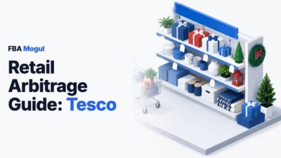 Retail Arbitrage Guide: Tesco: isometric supermarket clearance shelf of boxed gifts and homeware, with a shopping trolley