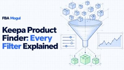 Keepa Product Finder: Every Filter Explained: blueprint drawing of a funnel filtering product boxes, with filter sliders and a price chart