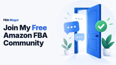 Join My Free Amazon FBA Community: an open blue door with chat speech bubbles floating out of it and a green tick