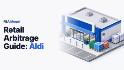 Retail Arbitrage Guide: Aldi: isometric discount supermarket front with a trolley bay and pallets of boxed products