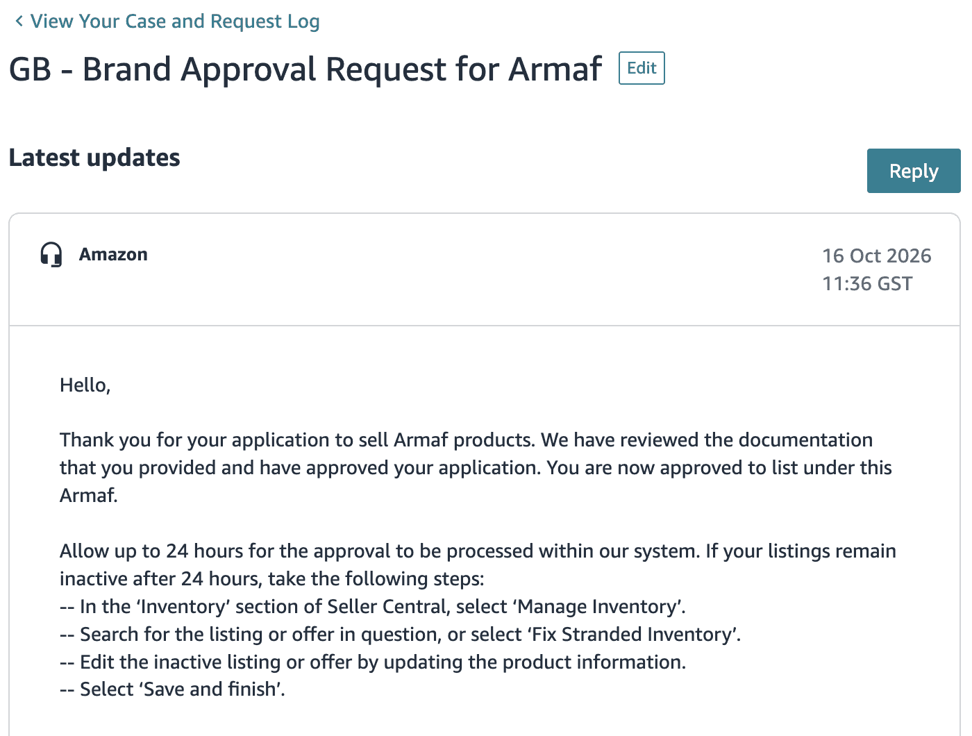 Amazon Seller Central case for Armaf: brand approval granted on 16 Oct 2026