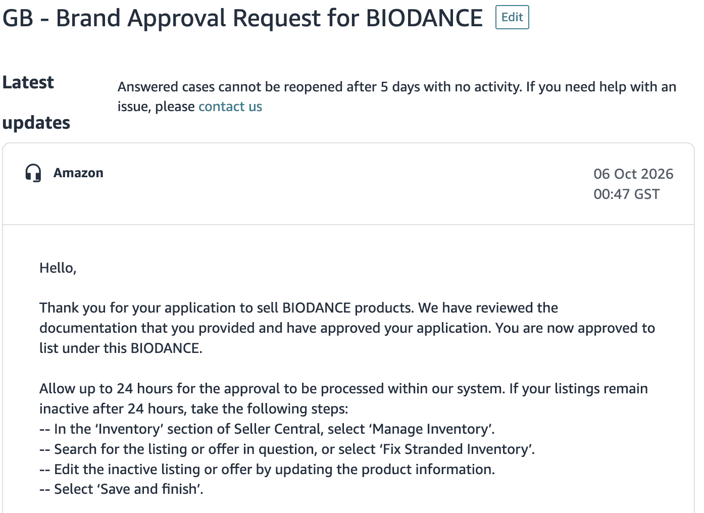 Amazon Seller Central case for Biodance: brand approval granted on 6 Oct 2026