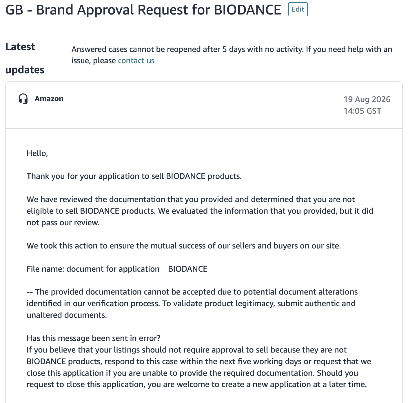 Amazon Seller Central case for Biodance, 19 Aug 2026: not eligible, citing potential document alterations