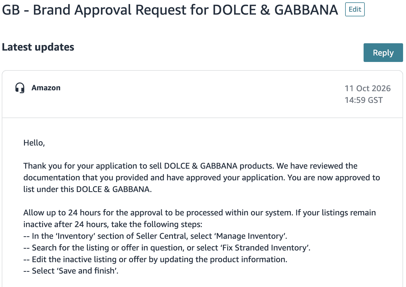 Amazon Seller Central case for Dolce & Gabbana: brand approval granted on 11 Oct 2026