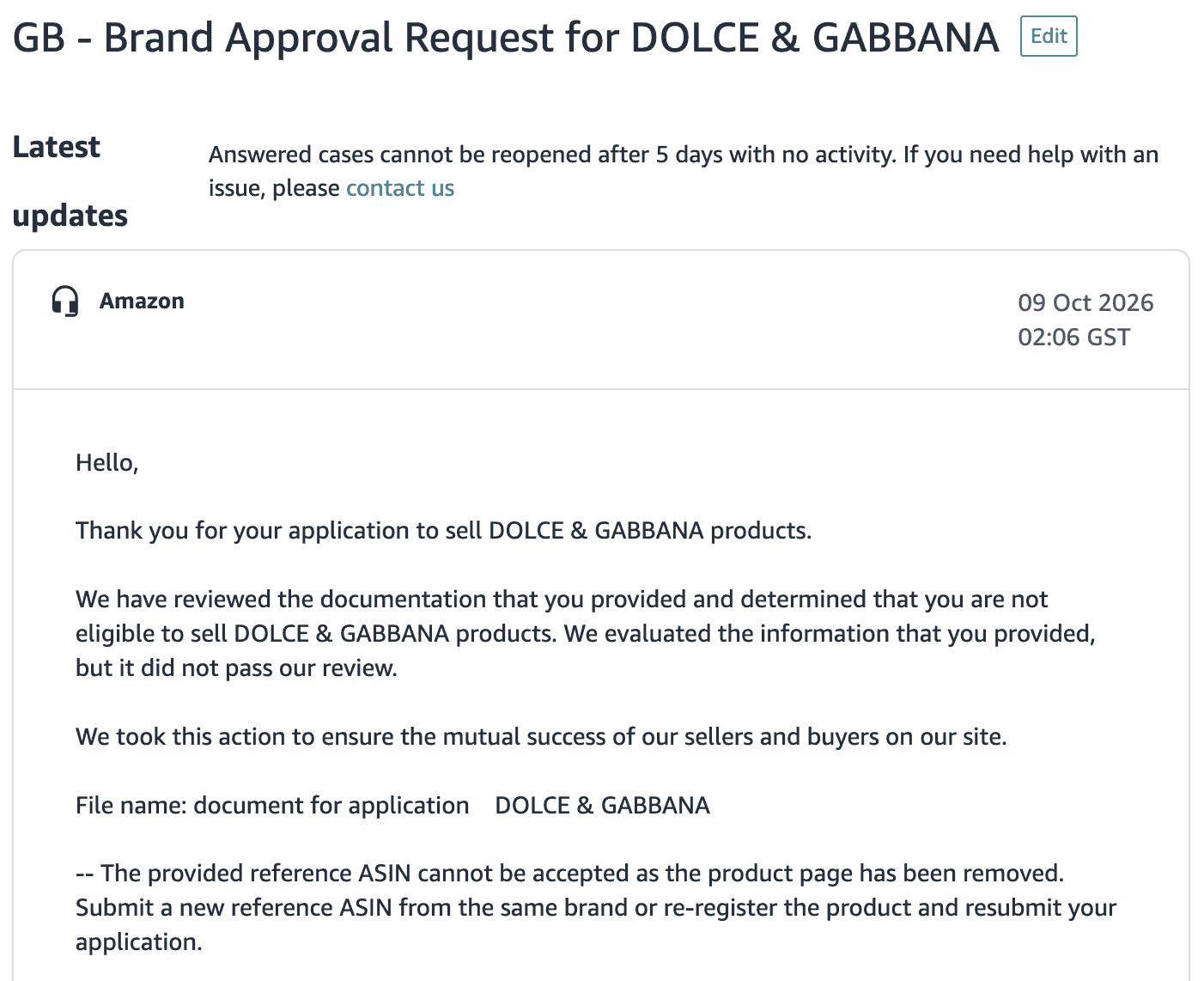 Amazon Seller Central case for Dolce & Gabbana, 9 Oct 2026: the reference ASIN was rejected because its product page had been removed