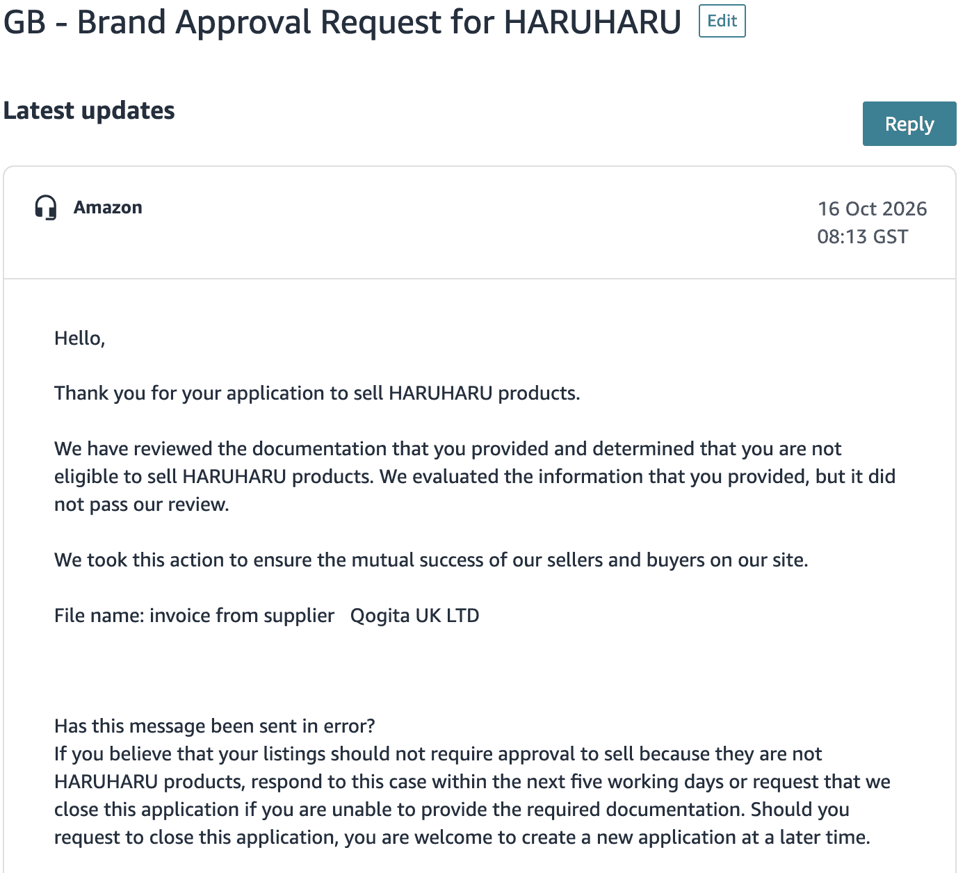 Amazon Seller Central case for HARUHARU: not eligible, 16 Oct 2026, with an invoice from Qogita UK Ltd