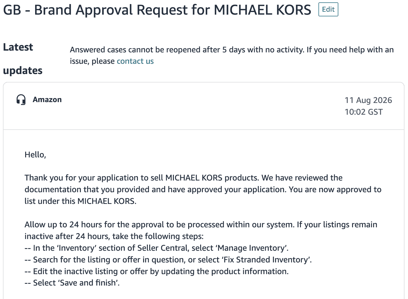 Amazon Seller Central case for Michael Kors: brand approval granted on 11 Aug 2026