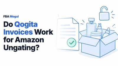 Line drawing of an invoice with a green tick beside an open box of fragrance and skincare products and an unlocked padlock, with the headline Do Qogita Invoices Work for Amazon Ungating?