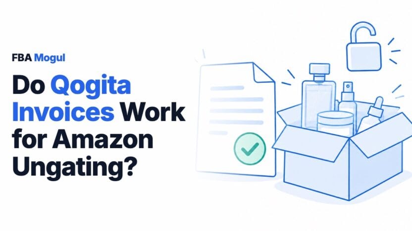 Line drawing of an invoice with a green tick beside an open box of fragrance and skincare products and an unlocked padlock, with the headline Do Qogita Invoices Work for Amazon Ungating?